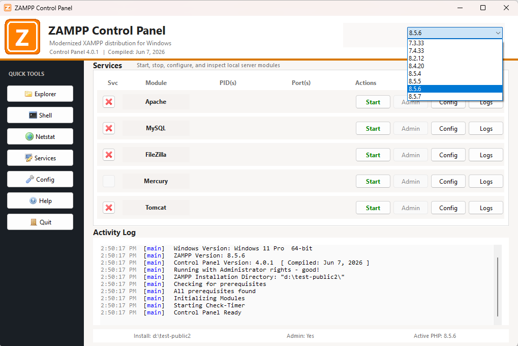 ZAMPP control panel showing multiple selectable PHP versions for local development