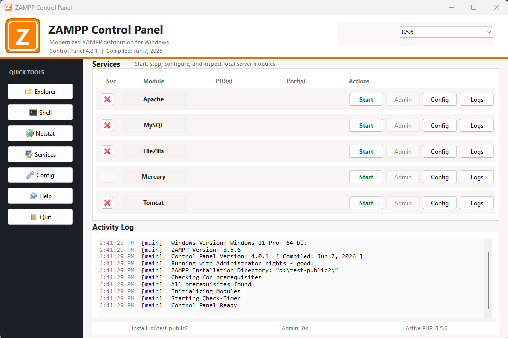 ZAMPP control panel showing the PHP version selector set to PHP 8.5.6