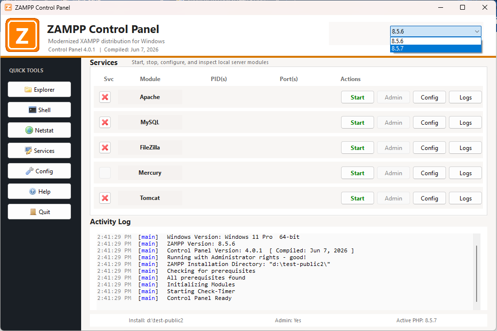 ZAMPP control panel PHP version dropdown showing available PHP versions